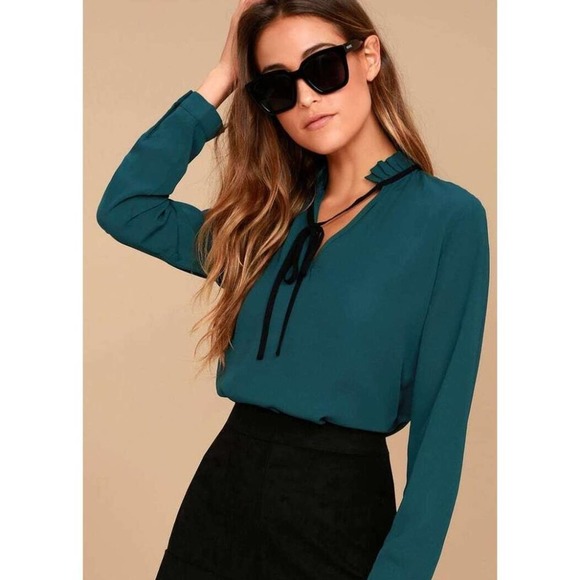 Lulus Tops - Lulu's Tea Shop Teal Blue Long Sleeve Top Ruffle L